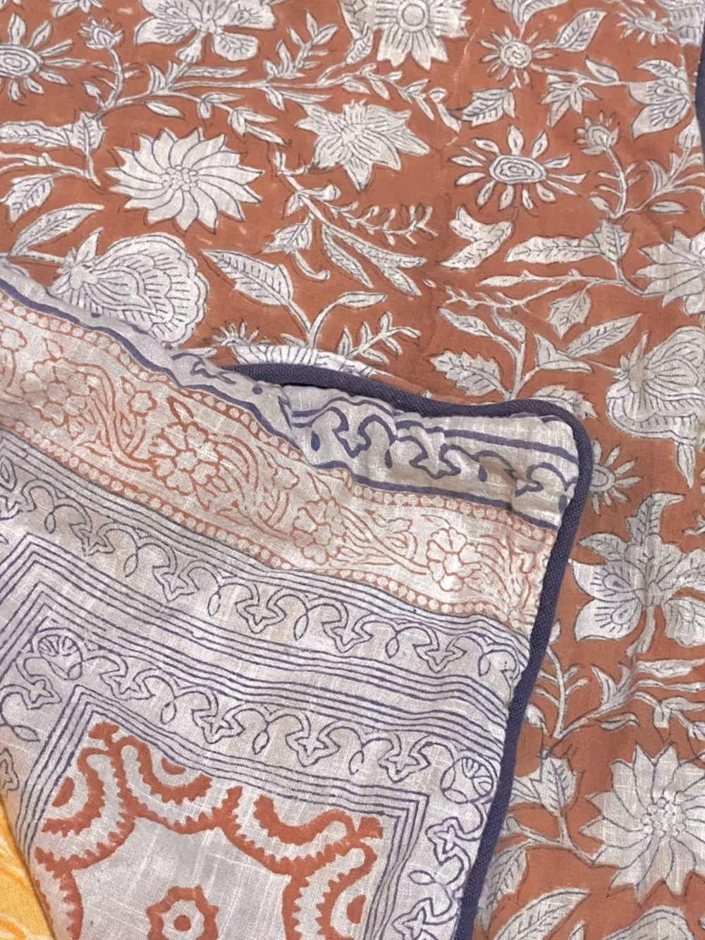 Magaschoni Home Pillow Cover, 100% Cotton. Has long Zipper, floral blue & tan